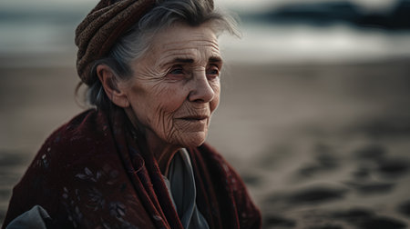 Portrait of an elderly woman on the beach. Selective focus.の素材