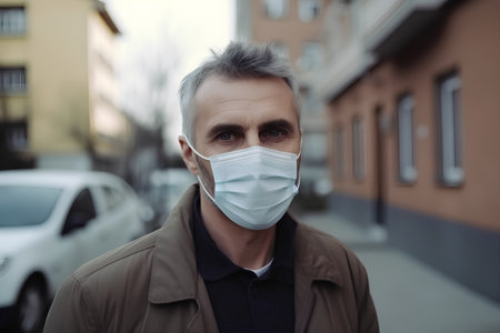 Portrait of a middle-aged man in a medical mask on the streetの素材