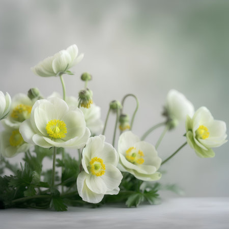 White anemone flowers on a gray background. Spring concept.の素材