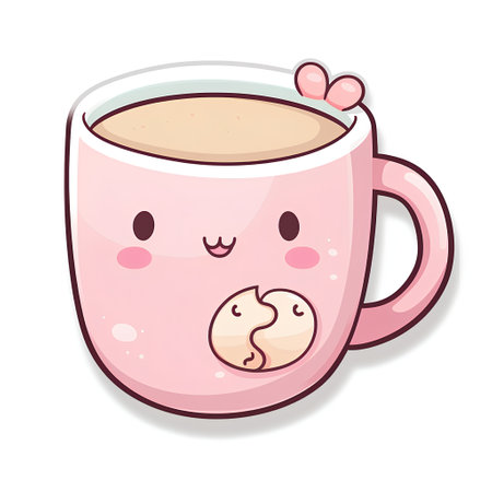 Cute pink cup of coffee with smiling face. Vector illustration.の素材