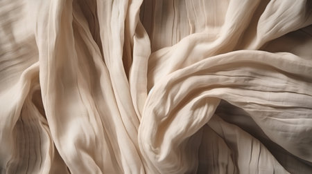 Crumpled beige fabric as background, closeup of photoの素材