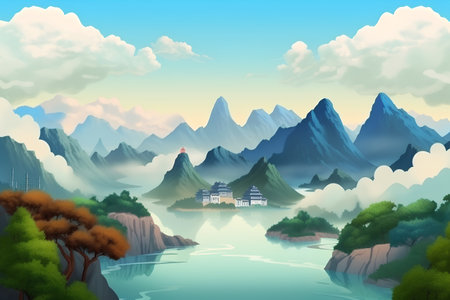 Illustration of a beautiful landscape with mountains and a temple in the waterの素材