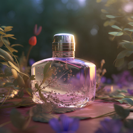 Perfume bottle on a background of flowers. 3d renderingの素材