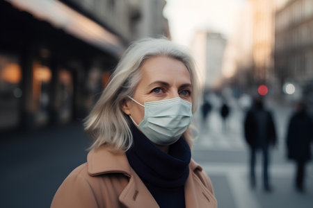 Mature woman in a medical mask on the street in the cityの素材