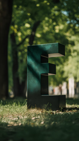 The letter E stands on the grass in the park. 3d rendering.の素材