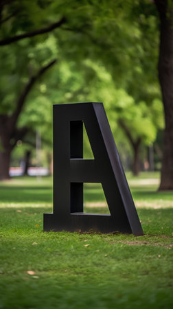 Black letter A on green grass in public park with tree background.の素材