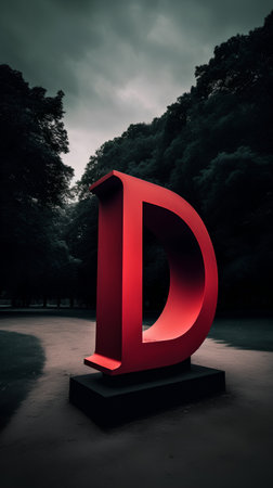 Red letter D in the park. 3D render. Abstract background.の素材