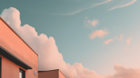 3D render of a modern apartment building with clouds in the skyの素材