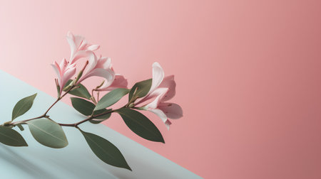Pink magnolia flower on pastel pink and blue background. Minimal floral concept.の素材
