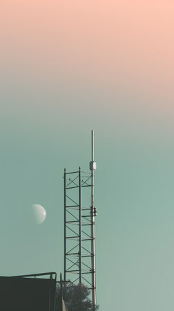 Telecommunication tower with moon in the sky - retro vintage filter effectの素材