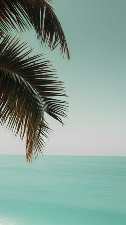 Tropical palm tree on turquoise sea background. Summer vacation and travel conceptの素材