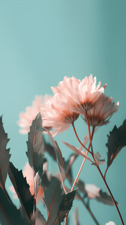 Pink chrysanthemum flowers on pastel blue background.の素材