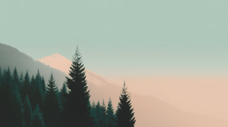 Foggy landscape with coniferous forest. Vector illustration.の素材