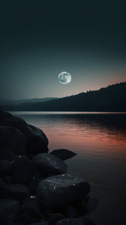 Beautiful night landscape with lake, mountains and moon in the skyの素材