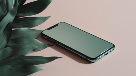 Smartphone mockup with tropical leaves on pastel pink background. 3d renderingの素材