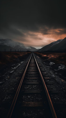 Railway track in the mountains at sunset. 3D rendering.の素材