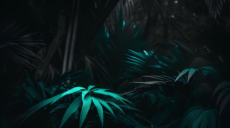 Tropical palm leaves on dark background. Minimal jungle concept.の素材
