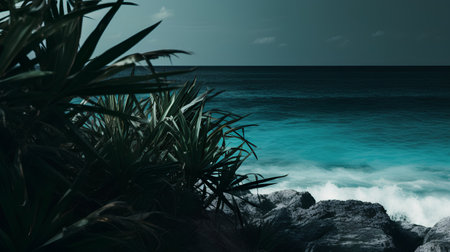 Tropical beach with palm trees and blue sea. Nature backgroundの素材