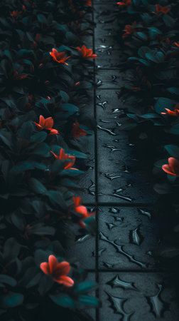 Red flowers in the garden. Red flowers on the black floor.の素材