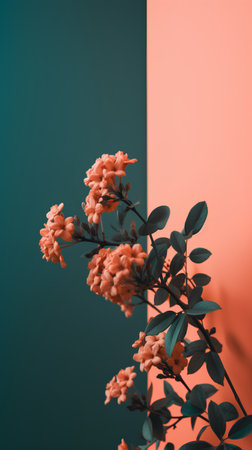 Creative layout made of orange flowers on green and orange background. Minimal concept.の素材