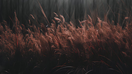 Beautiful grasses in the meadow with red light and dark backgroundの素材