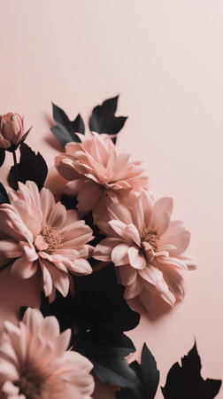 Flowers composition. Pink dahlia flowers on pastel pink background. Flat lay, top view, copy spaceの素材