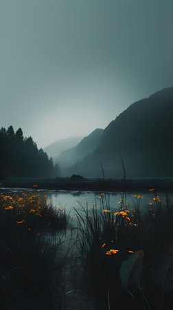 Beautiful landscape image of a lake with fog in the mountains.の素材