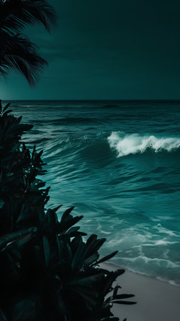 Tropical beach with palm trees and turquoise sea.