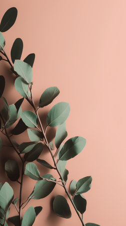 Creative layout made of eucalyptus branches on pastel background. Flat lay, top view minimal concept.の素材