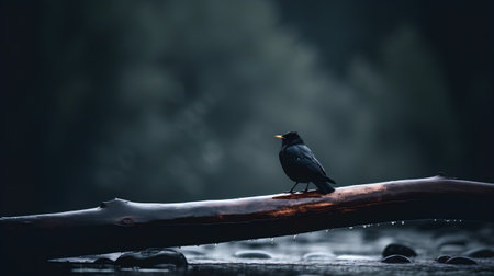 Blackbird sitting on a branch in a dark forest. Toned.の素材