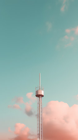 3D render of a tower against a blue sky with clouds.の素材