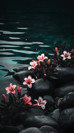 Black stones with pink frangipani flower on the water.の素材