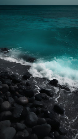 Beautiful seascape with turquoise water and black stones. Toned.の素材