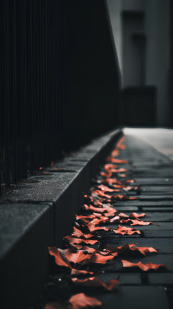 Red fallen leaves on the sidewalk in the city. Selective focus.の素材