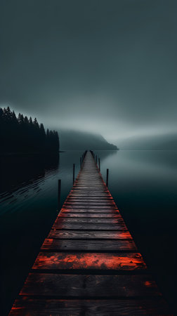 Wooden jetty on a lake in a misty morning.の素材