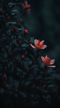 Red azalea flowers with raindrops on a dark background.の素材
