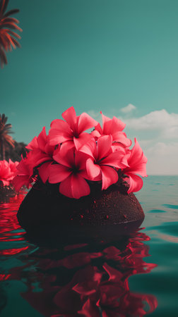 Plumeria flower on the rock in the sea with palm backgroundの素材