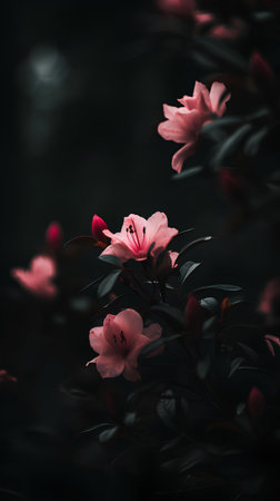 Beautiful pink rhododendron flowers on a dark backgroundの素材