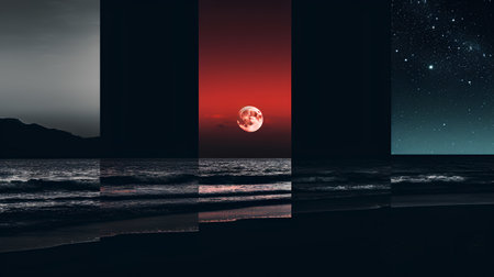 Sunset over the sea. Collage. 3D rendering.の素材