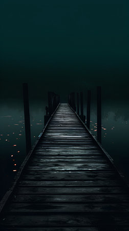 Wooden pier on a lake at night. 3D rendering.の素材
