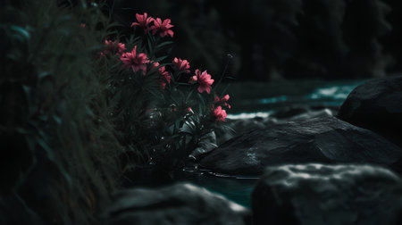 Flowers in the garden at night. Black and white photo.の素材