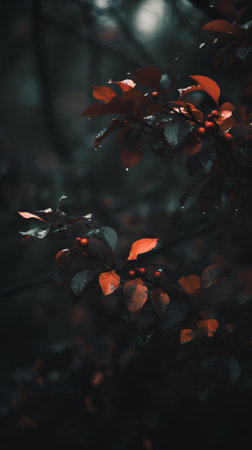 Red leaves of hawthorn in the forest. Selective focus.の素材