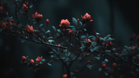 Branch with red flowers on a dark background. Filtered image processed vintage effect.の素材
