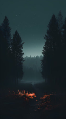 Foggy forest in the night. 3d render illustration.の素材