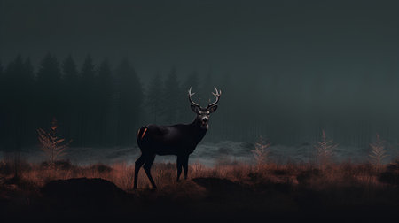 Silhouette of a deer in a foggy forest. 3d renderの素材