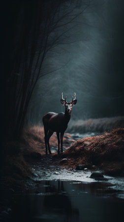 Deer in a misty forest. 3D Rendering.の素材