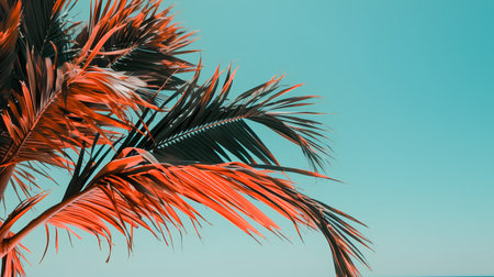 Tropical palm tree leaves on blue sky background. 3d renderの素材