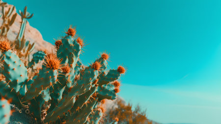 Beautiful cactus in the desert with blue sky background. Toned.の素材