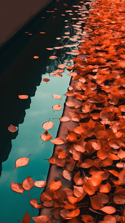 Autumn leaves floating on the surface of the water. Fallen leaves on the water surface.の素材