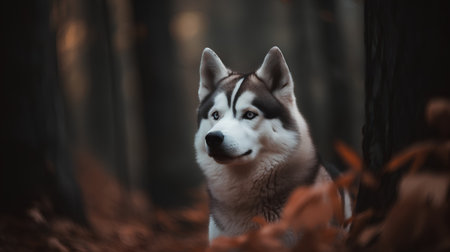 Portrait of a beautiful Siberian Husky dog in the autumn forestの素材